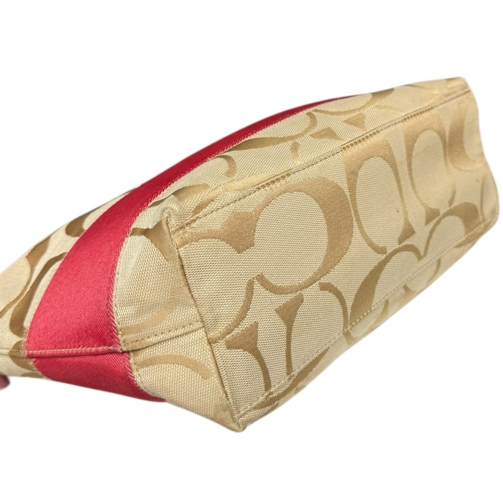 Coach Signature Stripe Tote Bag Light Beige Pink Patent Leather Trim Bag Charm - Picture 12 of 17